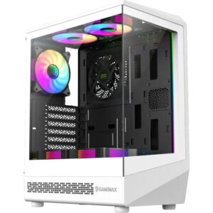 GameMax Vista COC AW ATX Mid Tower Gaming Case Front and Side Tempered Glass Panels 5x120mm ARGB Fans Patented COC Cooling Fan Up To 240mm Radiator Support White